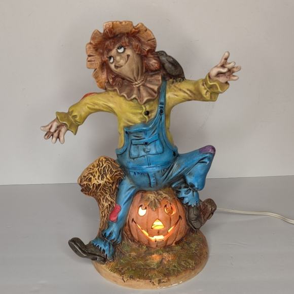 Byron Molds Vintage Patchwork Scarecrow Light Up Ceramic Pumpkin Jack-o'-lantern - Picture 13 of 16